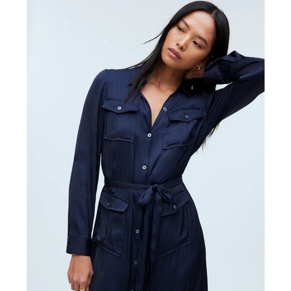 NWT Madewell Satin Button-Front Utility Shirtdress in Deep Indigo Size XXS - Picture 2 of 14